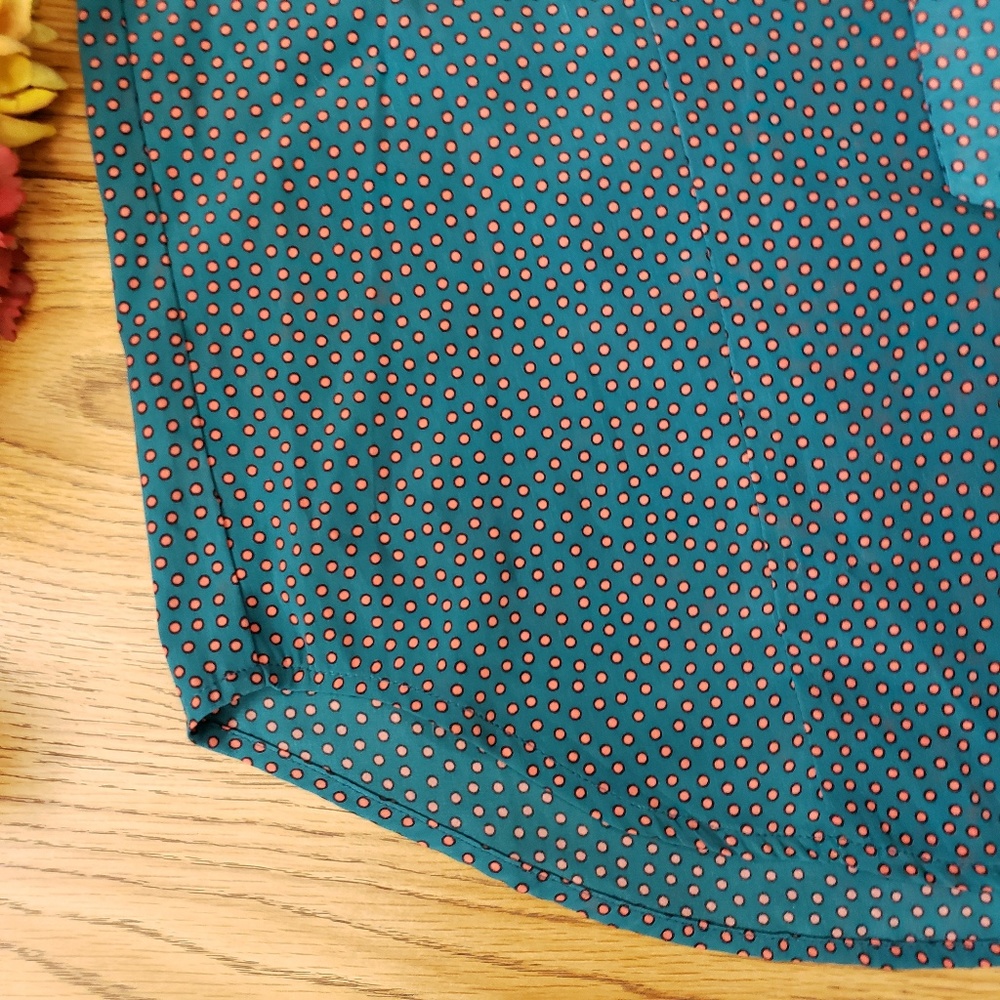 Chloe K Teal Orange Polka Dot Bow Tie Neck Top - Picture 3 of 6
